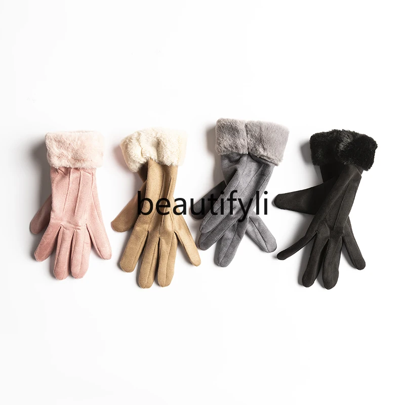 Fleece thermal fleece five-finger touch screen gloves female winter