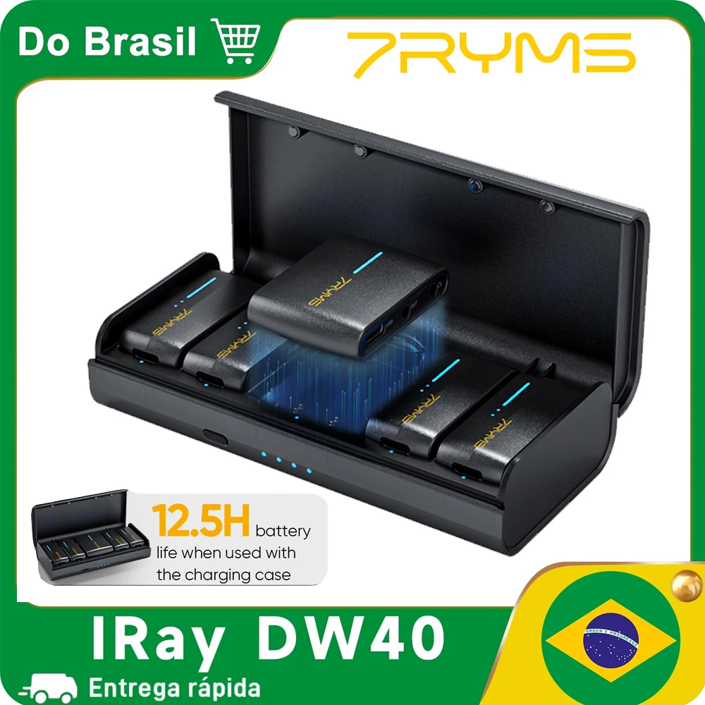 7RYMS iRay DW40 Microfone sem fio de 4 canais para câmeras, filmadoras, iPhones, telefones Android, microfone de lapela sem fio