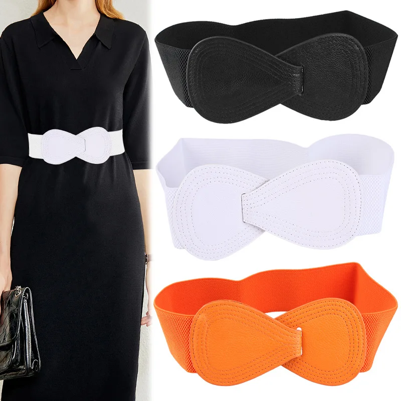 

Fashionable white elastic waistband with wide waistband, women's bow belt decoration