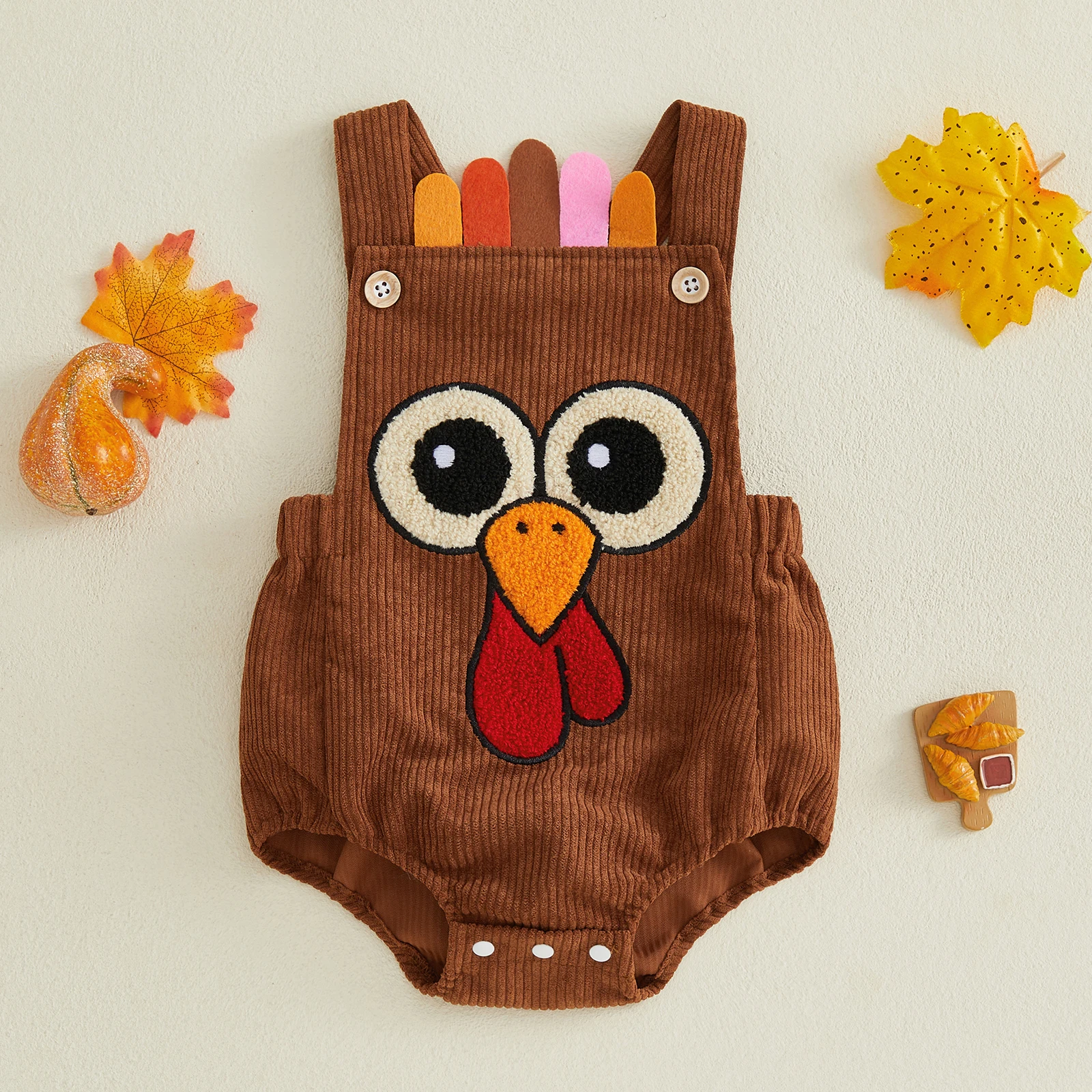 Baby Boy Thanksgiving Romper Overalls Turkey Embroidery Sleeveless Square Neck Jumpsuit