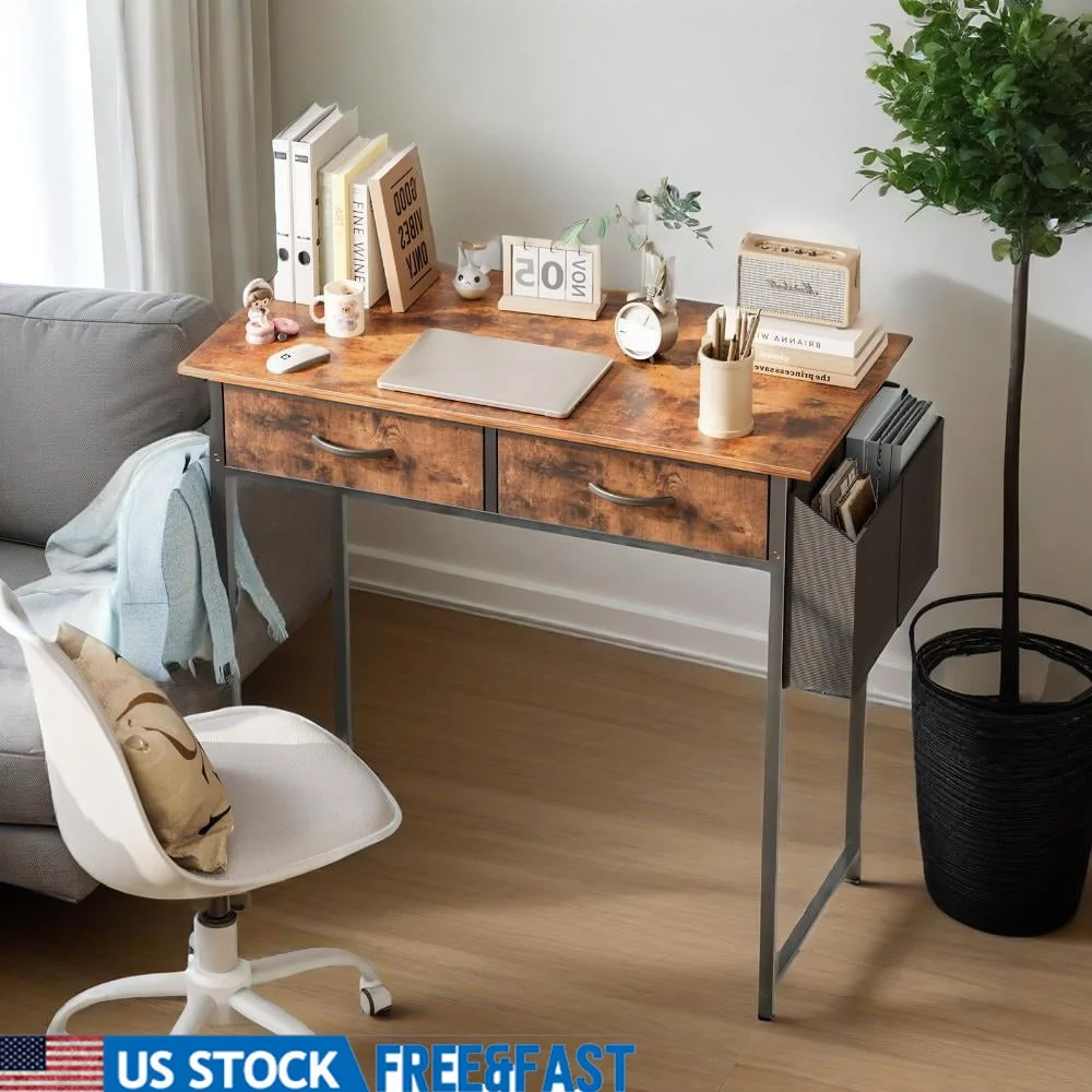 

Small Desk with 2 Drawers Computer Table Kids Students Home Office Writing Vanity Multiuse Compact Study Workstation