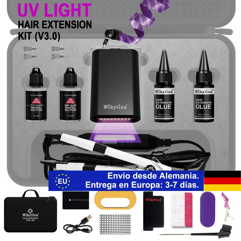 Imagen 7: Wikytina 2025 Kit de Herramientas para Extensiones de Cabello con Luz UV, Pegamento UV para Extensiones, Máquina de Remoción de Extensiones, Plancha