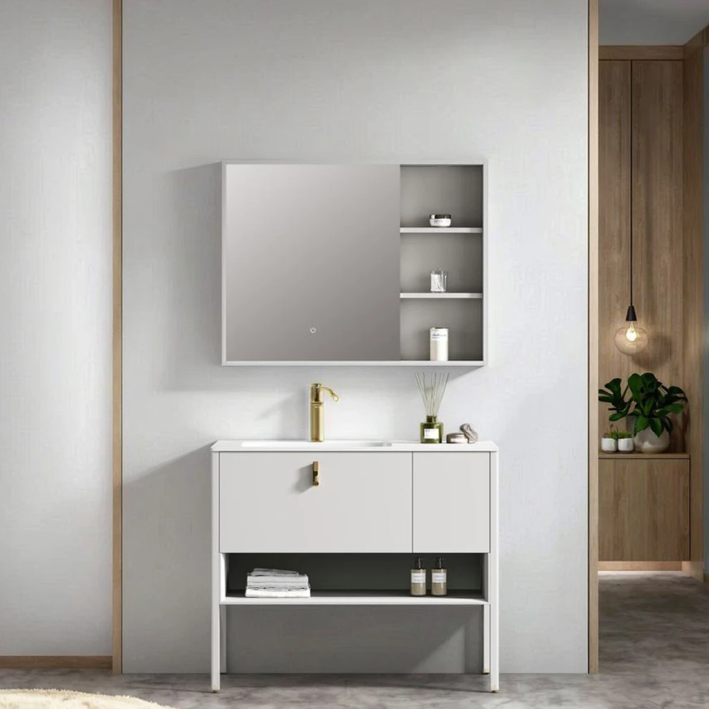 Modern Style Solid Wood Bathroom Cabinet Waterproof Lacquered Carcase Ceramic Basin Smooth Countertop For Bath Home Hotel Use