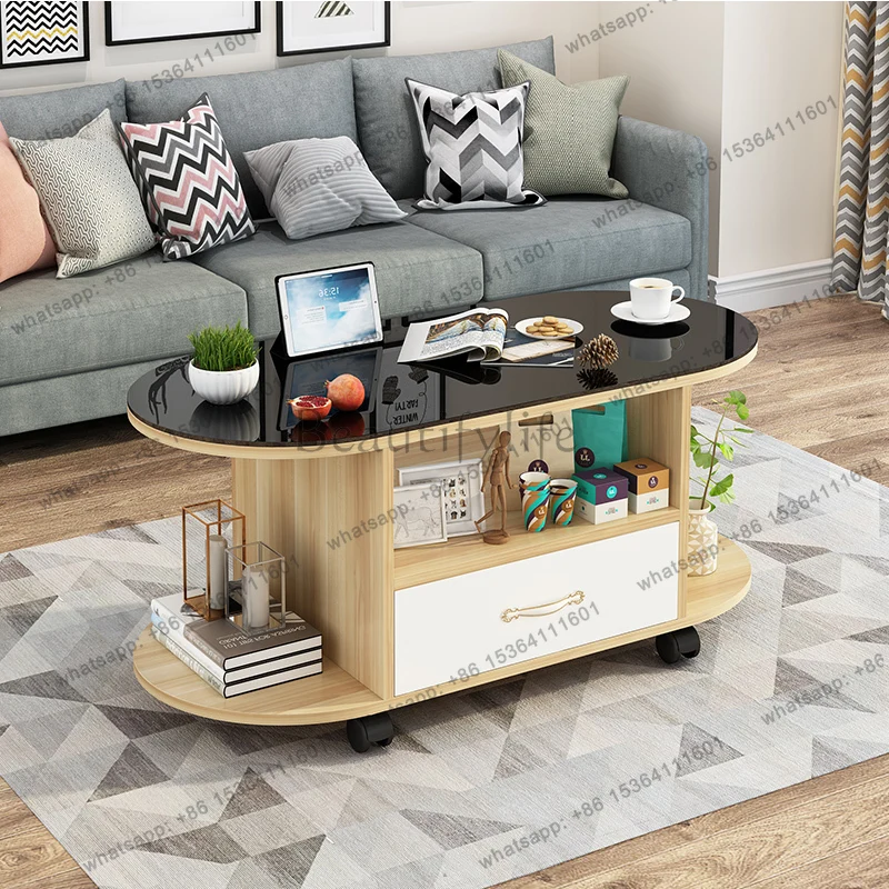 pure white coffee table living room mobile round tea table tempered glass simple small coffee table