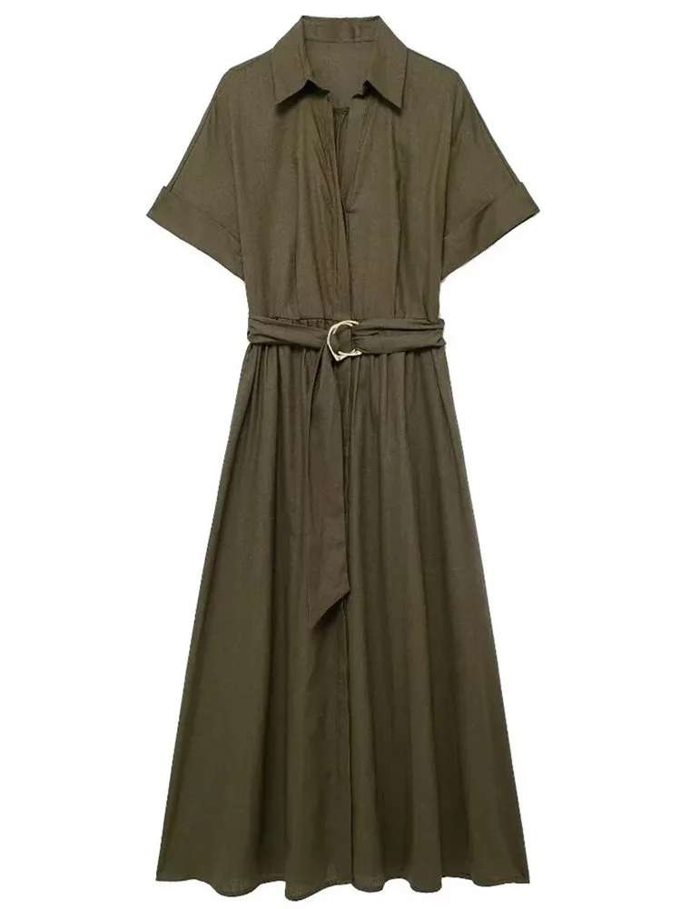 Letnia Nowa Kolekcja Damska Moda w Stylu Amerykańskim Modna Sukienka Midi w Stylu Koszuli z Mieszanki Lnu Casualowe Damskie Bluzki T7YD