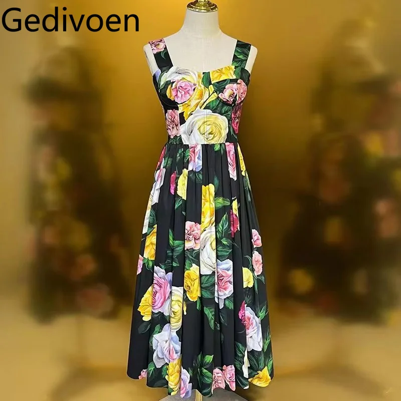 

Gedivoen Fashion Design Women's Cotton Dress Spaghetti Strap Backless Yellow Print High Waist Vacation Pleated Dresses