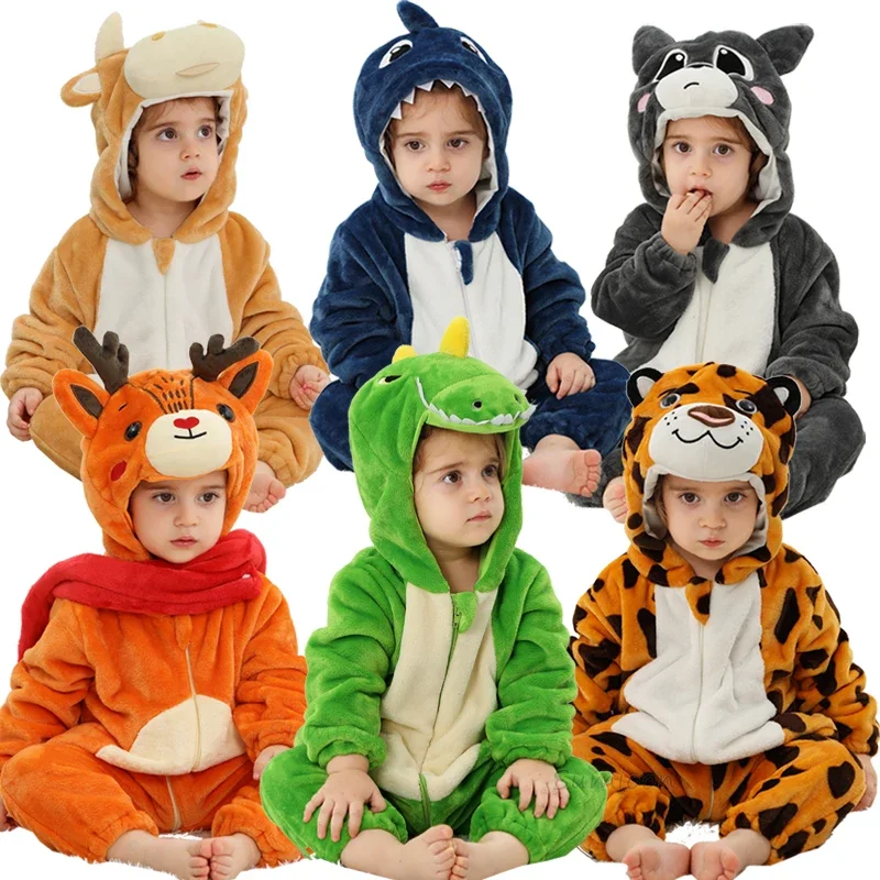 Tiger Fox Shark Animal Cartoon Unicorn Kigurumi Pajamas Infant Newborn Baby Boys Clothes Bebe Rompers Hooded Jumpsuits Overalls