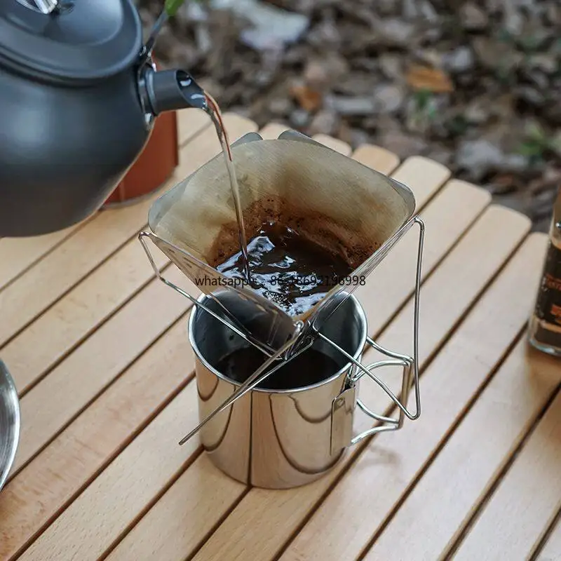 Outdoor Camping Hand Brewed Coffee Filter Stainless Steel Filter Cup Drip Folding Funnel with Bracket Portable Wild