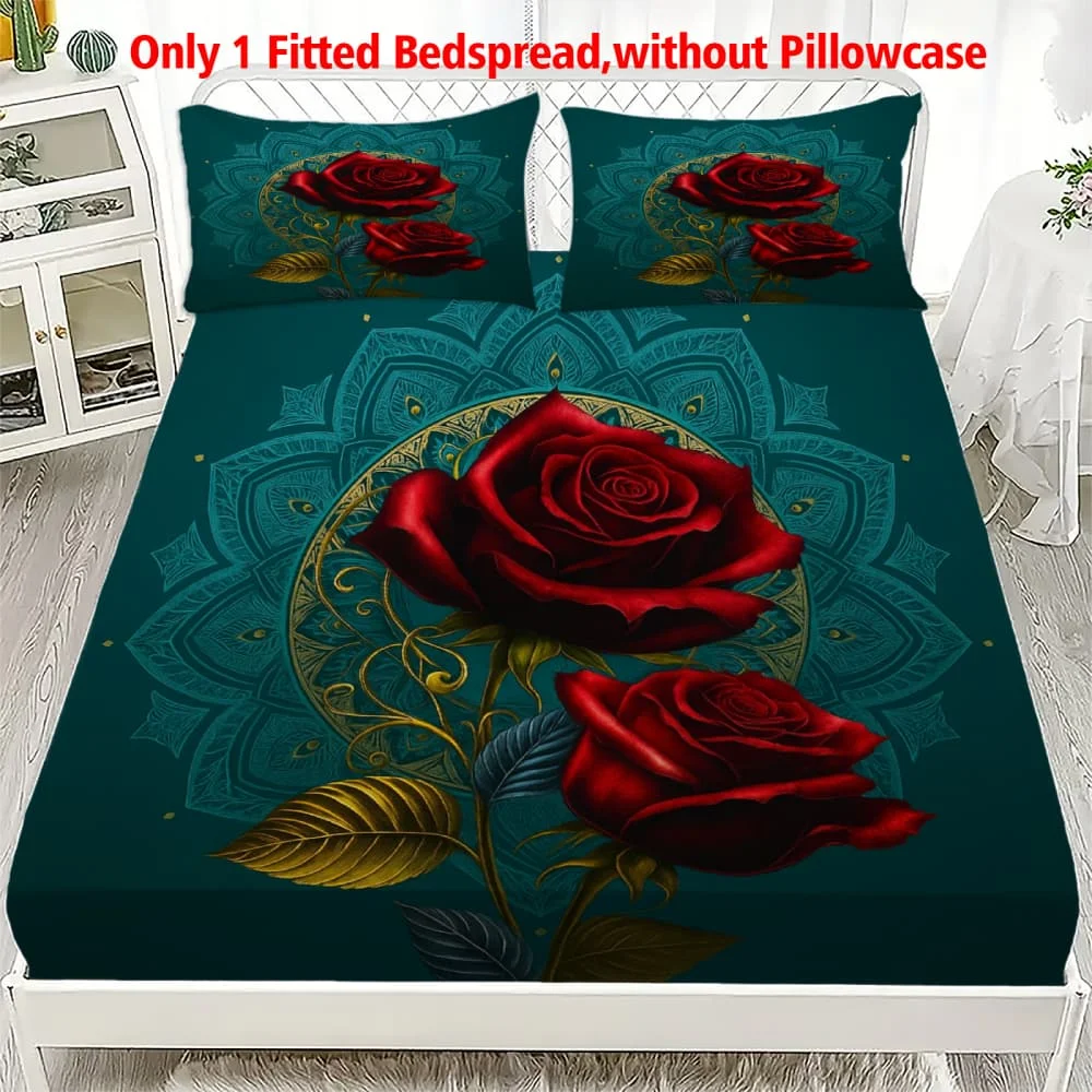 1 Stück Rote Rosen mit Türkisfarbenem Mandala-Druck Spannbettlaken mit Tiefen Taschen und Elastischem Matratzenbezug für Einzel-, Doppel-, Queen- und King-Size-Betten Schlafzimmerdekoration