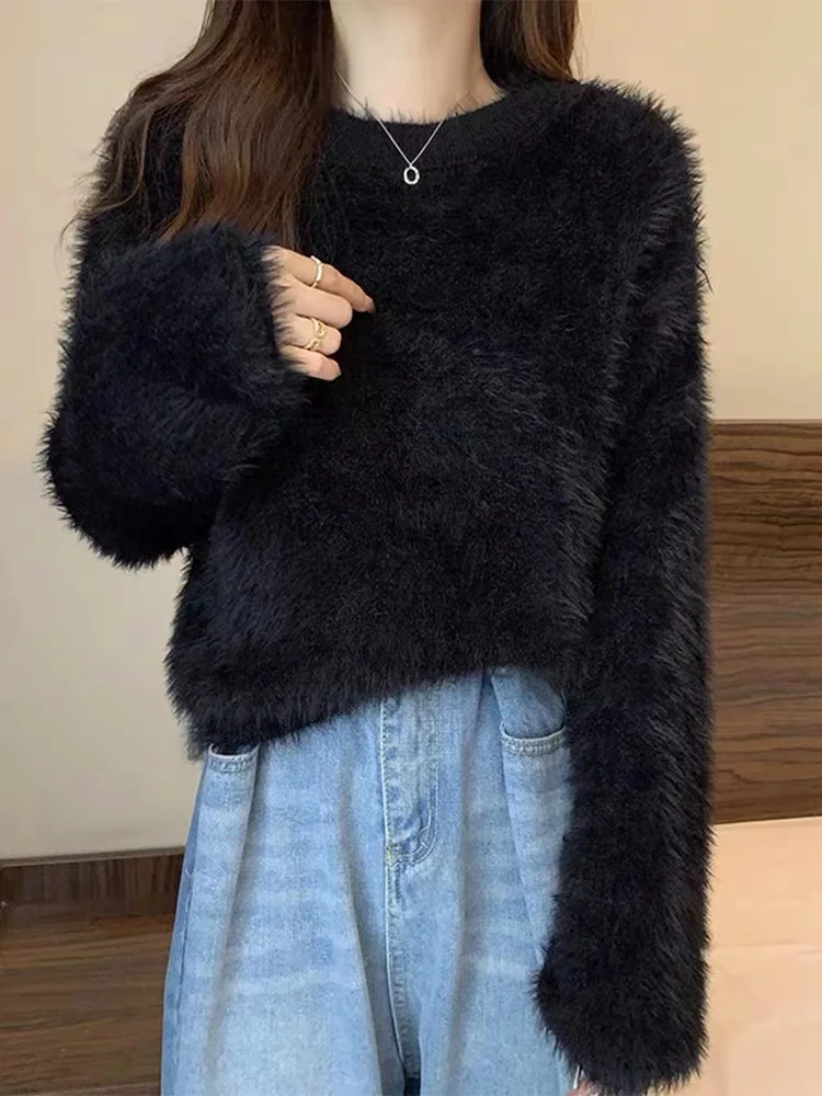 Fluffy Sweater Mohair-Knitt Jumper Pullovers Women Cozy Fuzzy Long Sleeve Mockneck Plain Sweater Fall Winter Basic Outfit