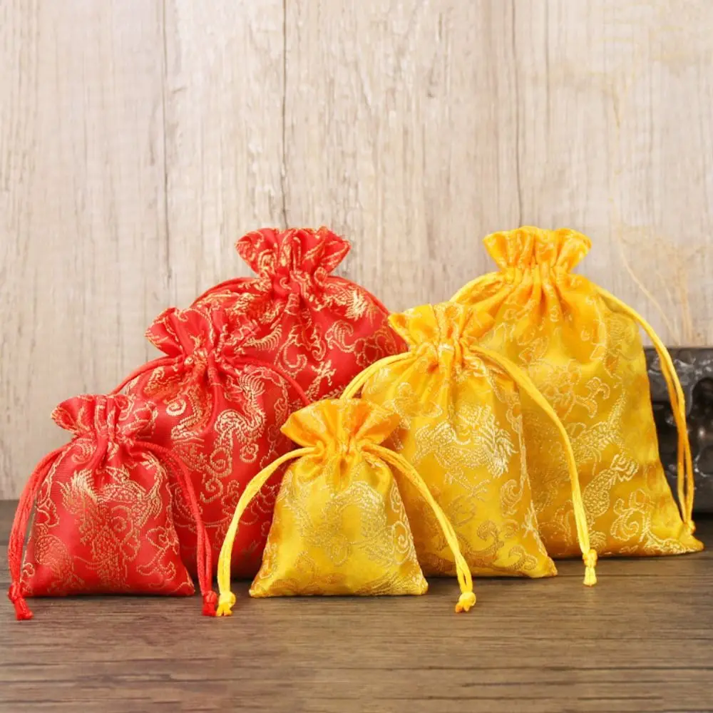 Borsa portaoggetti con coulisse a forma di fiore con ricamo drago Borsa portaoggetti in tela di grande capacità con fiori Borsa a secchiello Borsa per imballaggio di gioielli