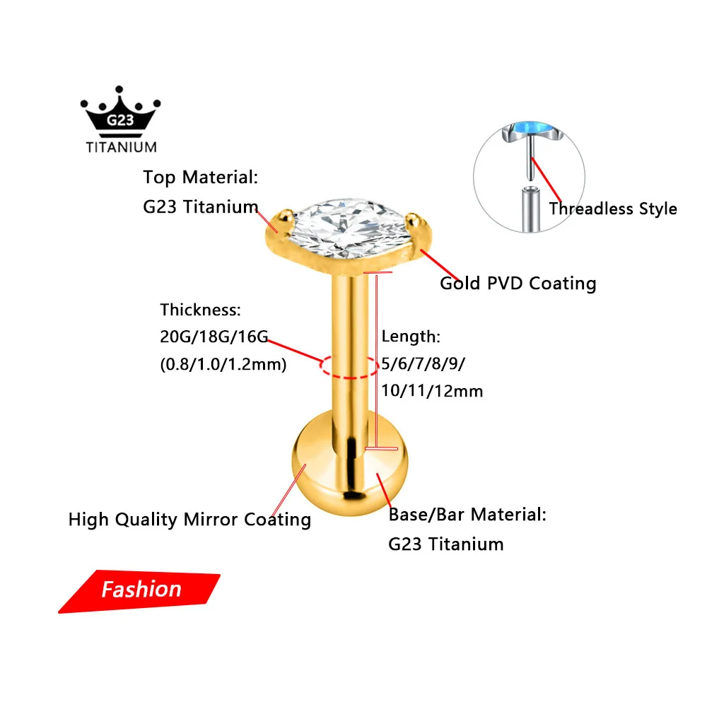 ASTM F136 G23 Titanium Marquise CZ Threadless Piercing Pin Push in Lip Stud Daith Conch Tragus Flat Back Earring 16G 18G 20G