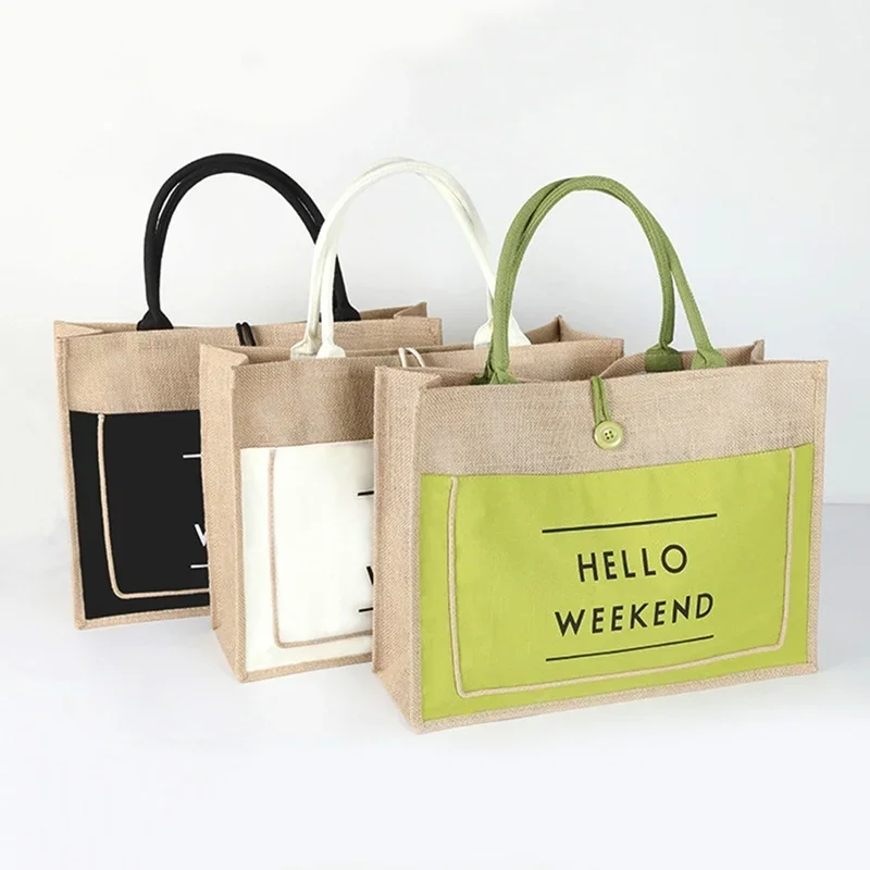 

Jute Button Handbag Composite Waterproof Jute Fabric Bag Fashionable and Environmentally Friendly Portable Shopping Bag