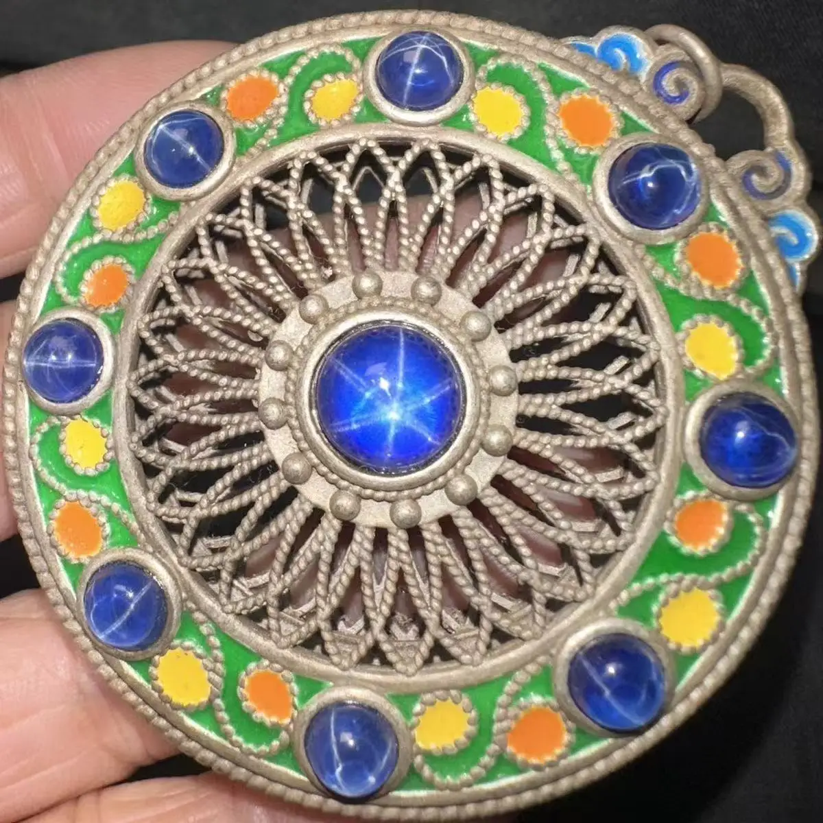 

Nepalese handmade old silver court cloisonne baked blue double-sided inlaid alexandrite star gemstone pendant