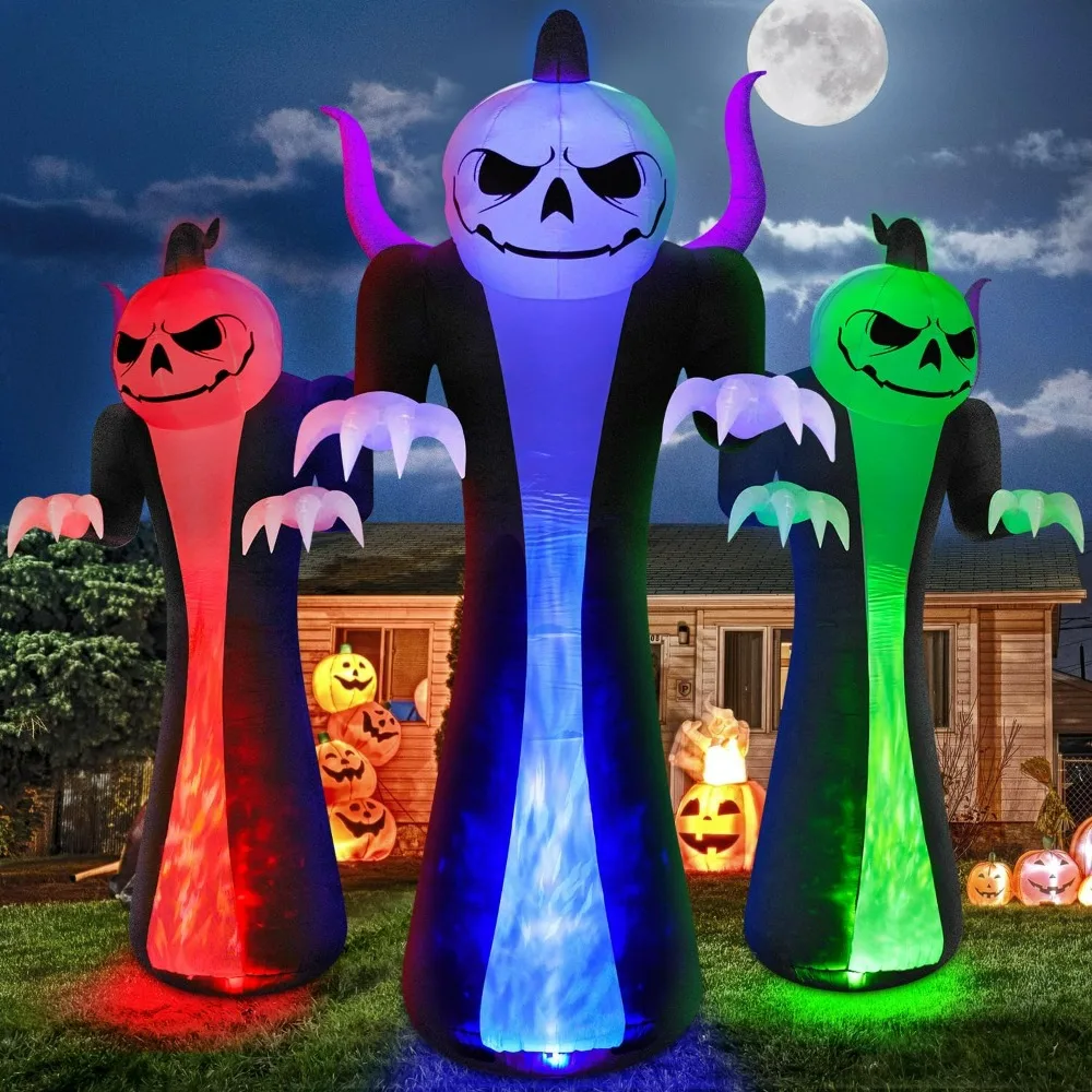 

12FT Halloween Giant Pumpkin Reaper Ghost with 3-Colored Rotation LEDs , Spooky Halloween Outdoor Blow Up Decorations