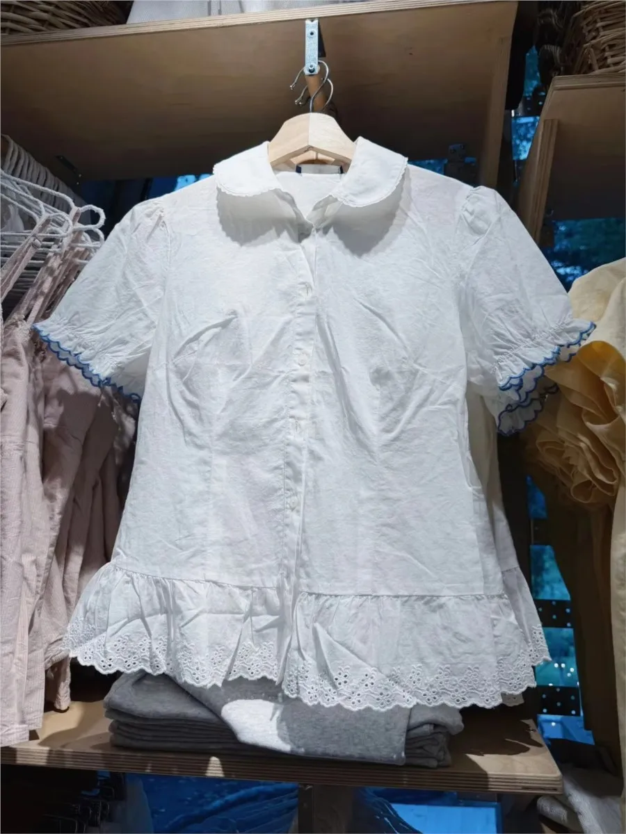 

Blue Lace Trim White T-shirt Blouse Women Summer Pan Collar Single Breasted Short Sleeve Tee Sweet Cute Preppy Style Tshirt Tops