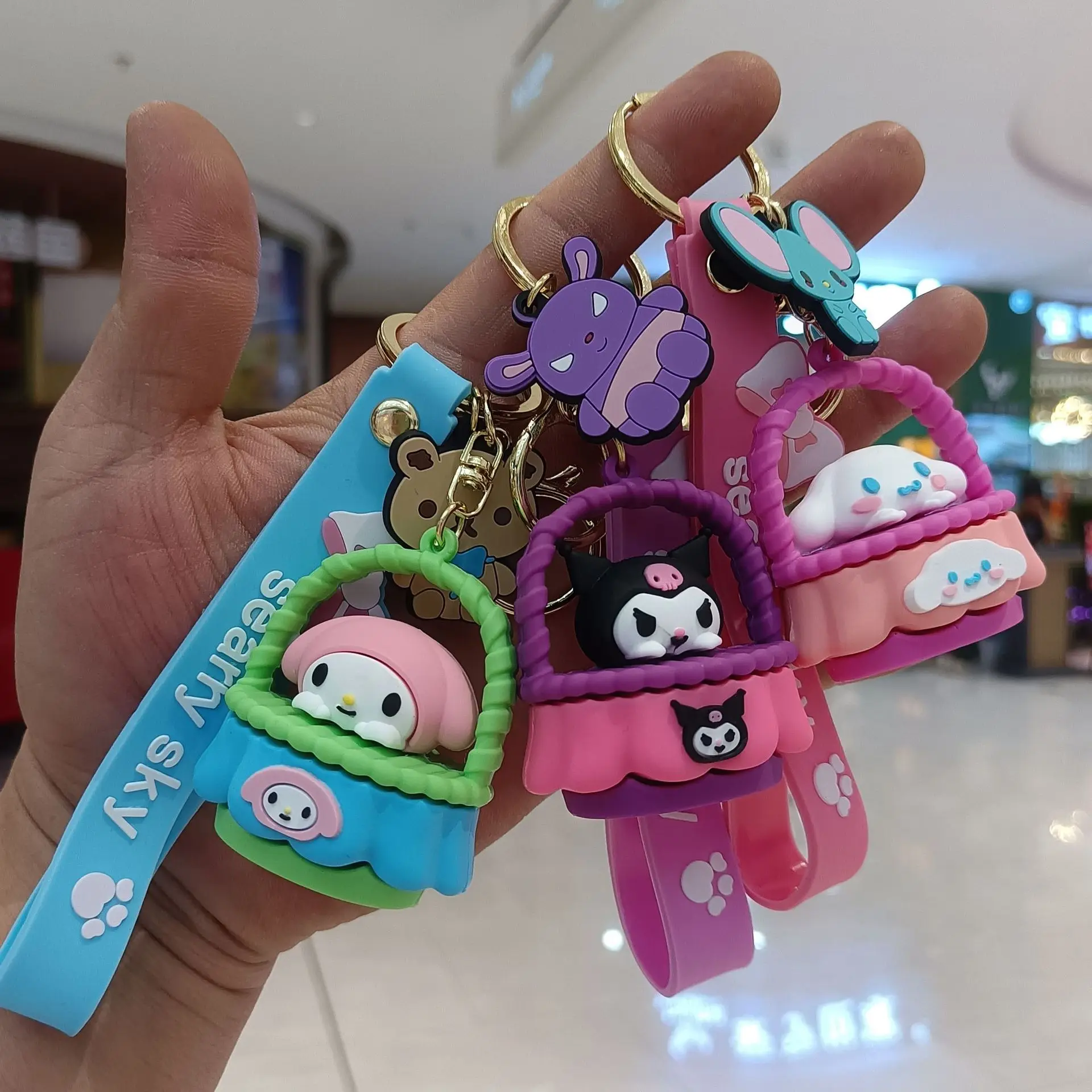 Sanrio Keychain Kuromi Melody Cinnamoroll Keyring Flower Basket Pendant Backpack Accessories Pvc Doll Key Chain Kids Girl Gift