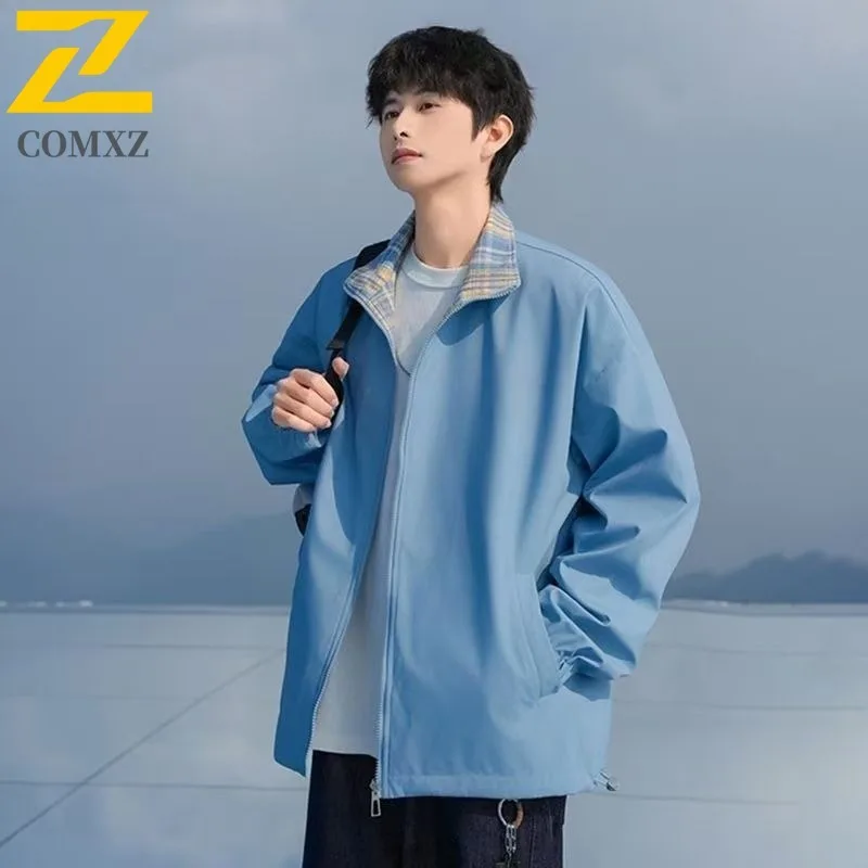 

COMXZ 2025 Spring Autumn Reversible Stand Collar Jacket Mens Japanese Style Thin Casual Coat tactics lightweight windbreaker