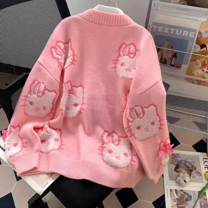 Cute Hello Kitty Embroidered Long Sleeve Cardigan Women\'s Sanrio Knitted Cartoon Loose Top Autumn Warm Button Large Girl Sweater