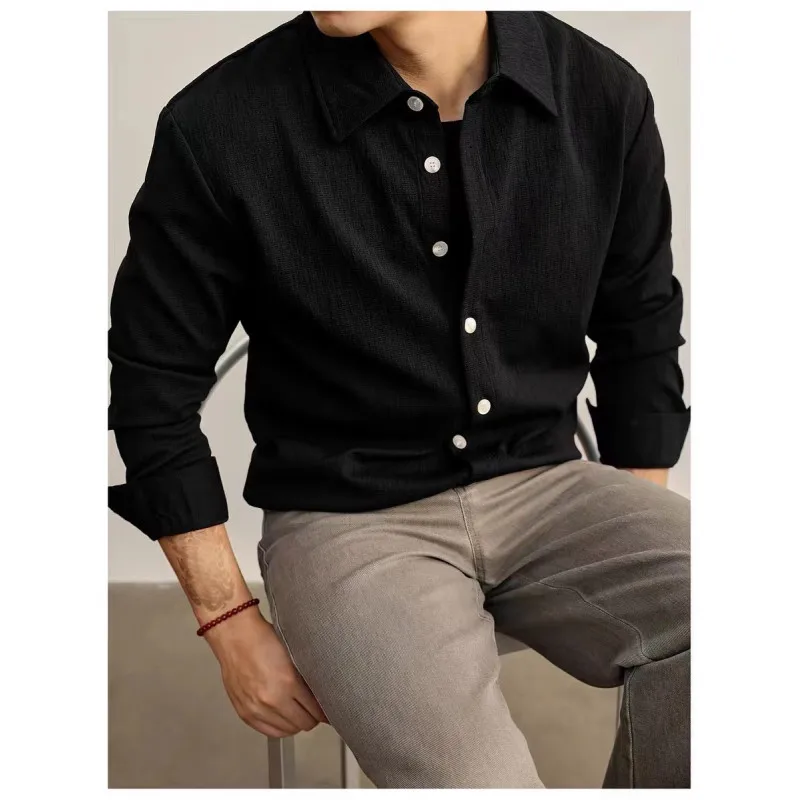 

Винтажная повседневная рубашка с длинными рукавами в корейском стиле с пузырьковой текстурой для мужчин, элегантная мужская однотонная рубашка с длинными рукавами