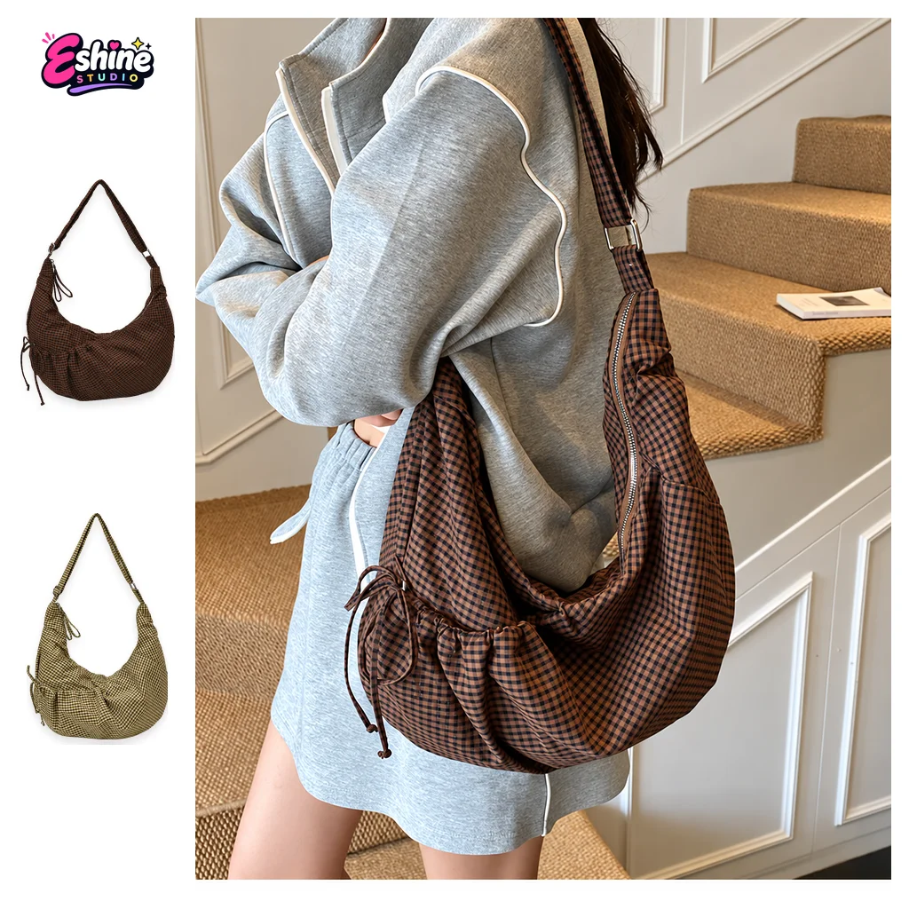 Hobo Bag Women Large Plaid Crossbody Bag Adjustable Strap Zipper Shoulder Bag Casual Drawstring Sling Bag For Daily Travel