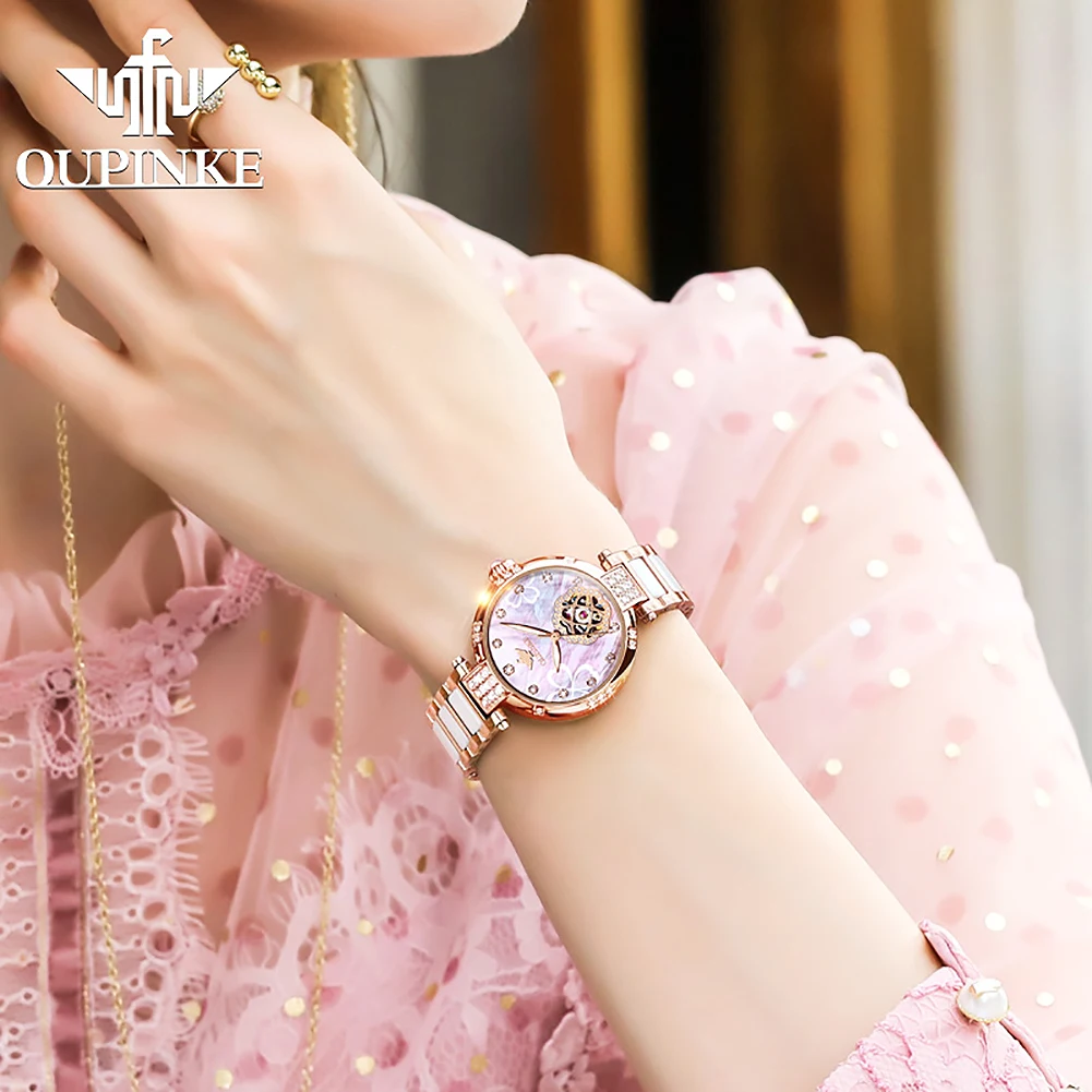 OUPINKE 3183 Original Hollow Mechanical Watch For Women Luxury Ceramic Steel Strap Wristwatch Diamond Business Ladies Watches