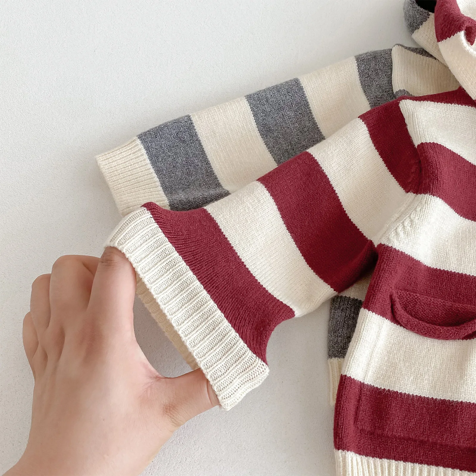 Infant Baby Boys Girls Clothing Spring Autumn New Sweater Set Long Sleeves Button Striped Hooded Knit Cardigan with Overalls