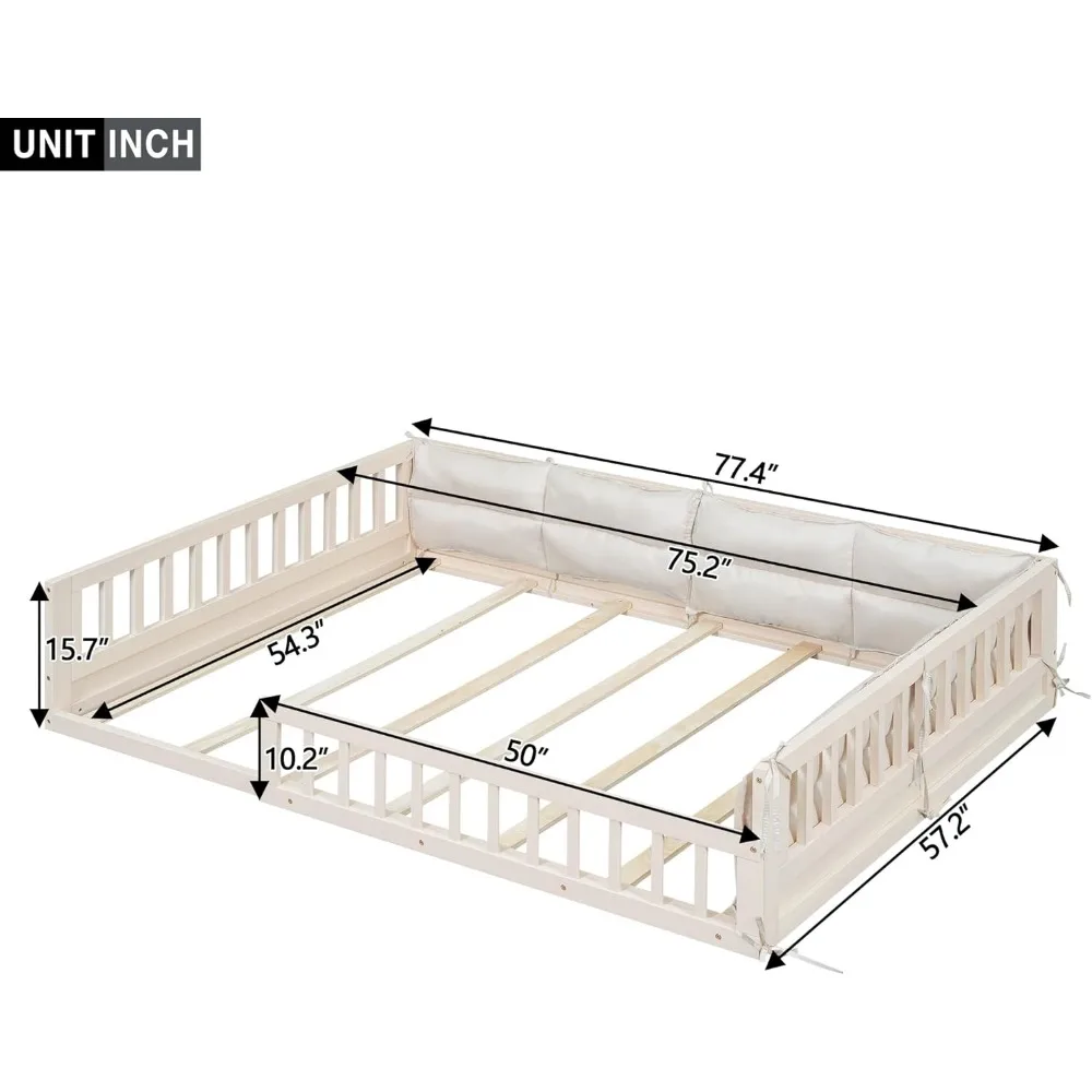 Детская напольная кровать из массива дерева в стиле Монтессори с защитными поручнями и подушкой"