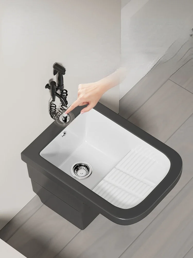 

2023 New balcony laundry basin, household ceramic mop basin with washboard, floor standing courtyard laundry mop basin