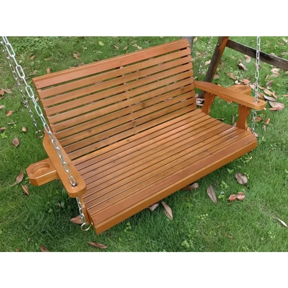 

Wooden Porch Swing 2-Seater, Bench Swing w/Cupholders, Hanging Chains & 7mm Springs, Heavy Duty 880 LBS