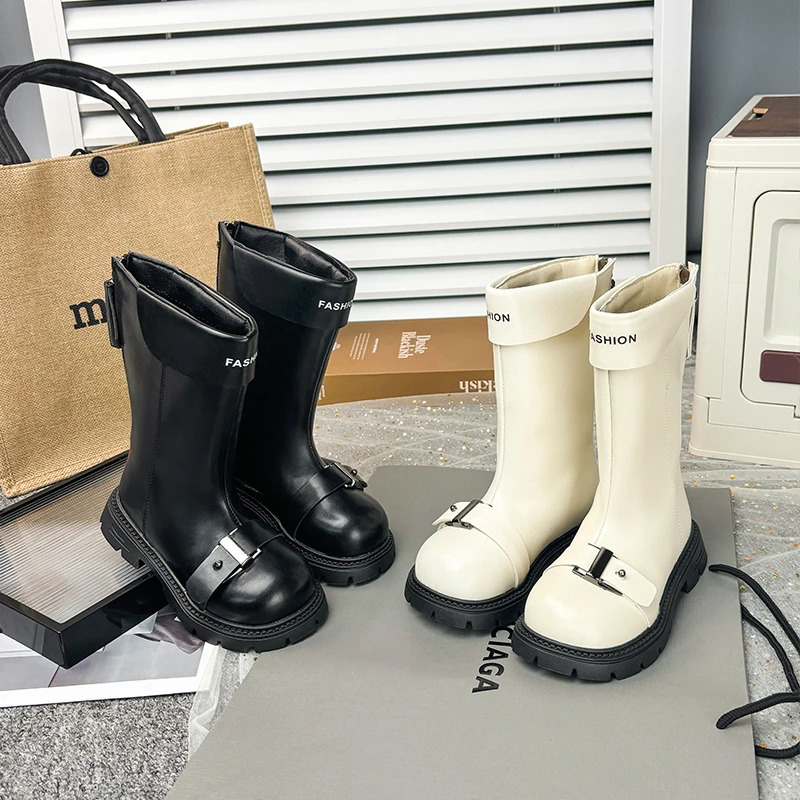 

2025 new Autumn Winter ZIP Fashion Cool Girls Warm mid Heel Round Toe Casual Lace-Up Comfortable Kids Mid Boots детская обувь