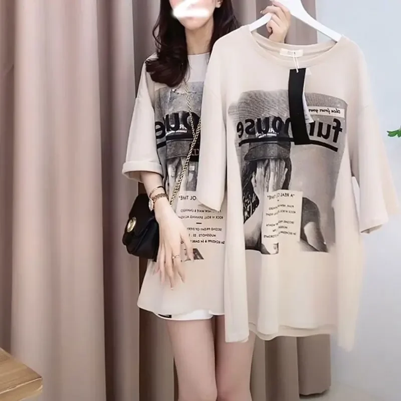 Odzież damska T-shirt z nadrukiem w kształcie litery Vintage koreański, luźny, swobodny, szykowny, z krótkim rękawem, letni, na wszystkie mecze, dojazdy do pracy, swetry z okrągłym dekoltem