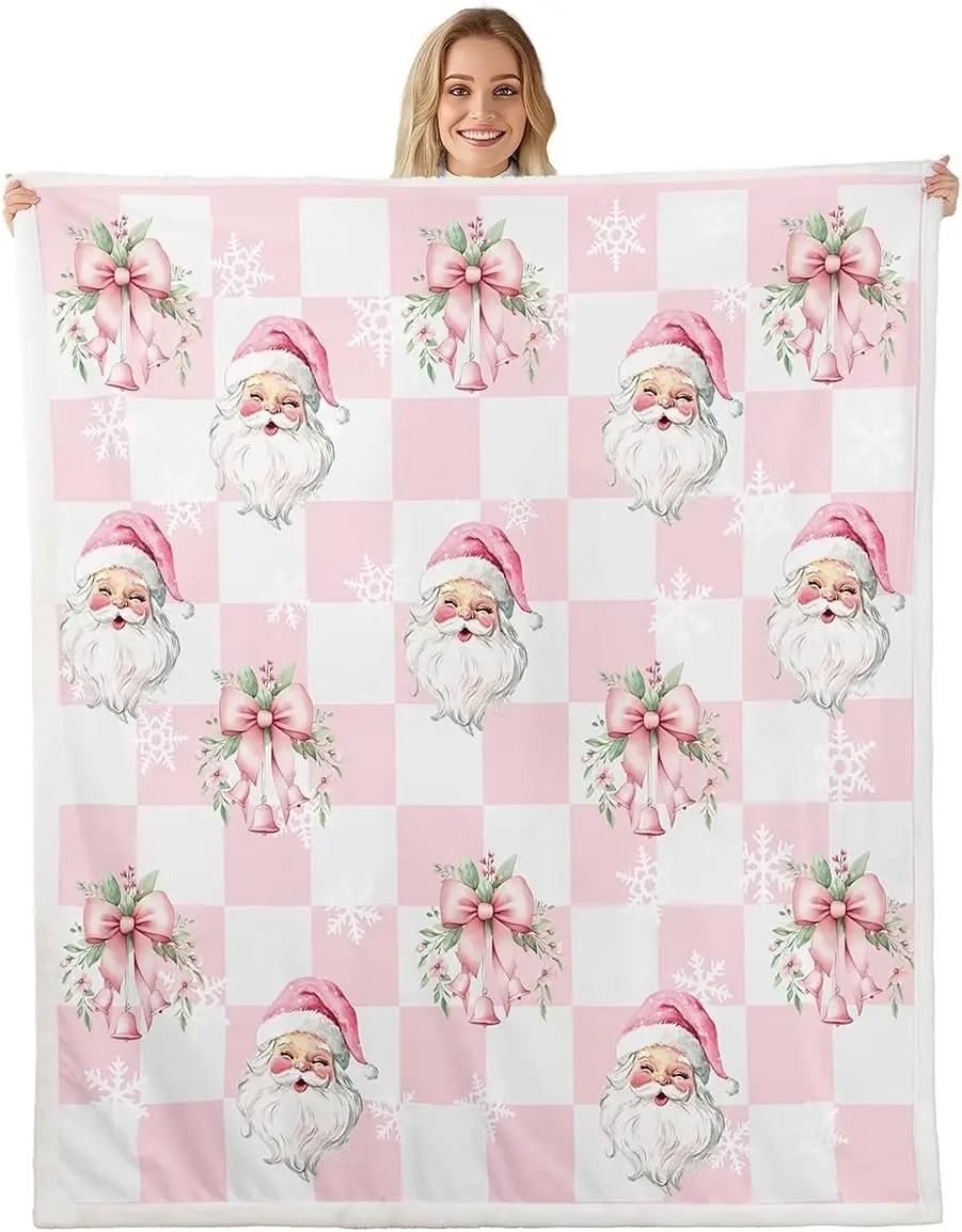 Santa Claus Blanket for Boys Girls Kids Super Soft Warm Pink Bowknot Sherpa Fleece Blanket White Snowflake Throw Blankets Grid