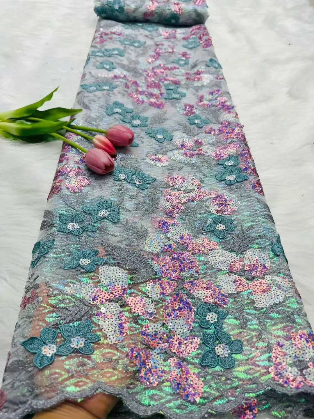 

High-Quality Shiny Sequins Tulle Lace Fabric Nigerian African Embroidery Mesh for Party Asoebi Dress Latest 2025 Style
