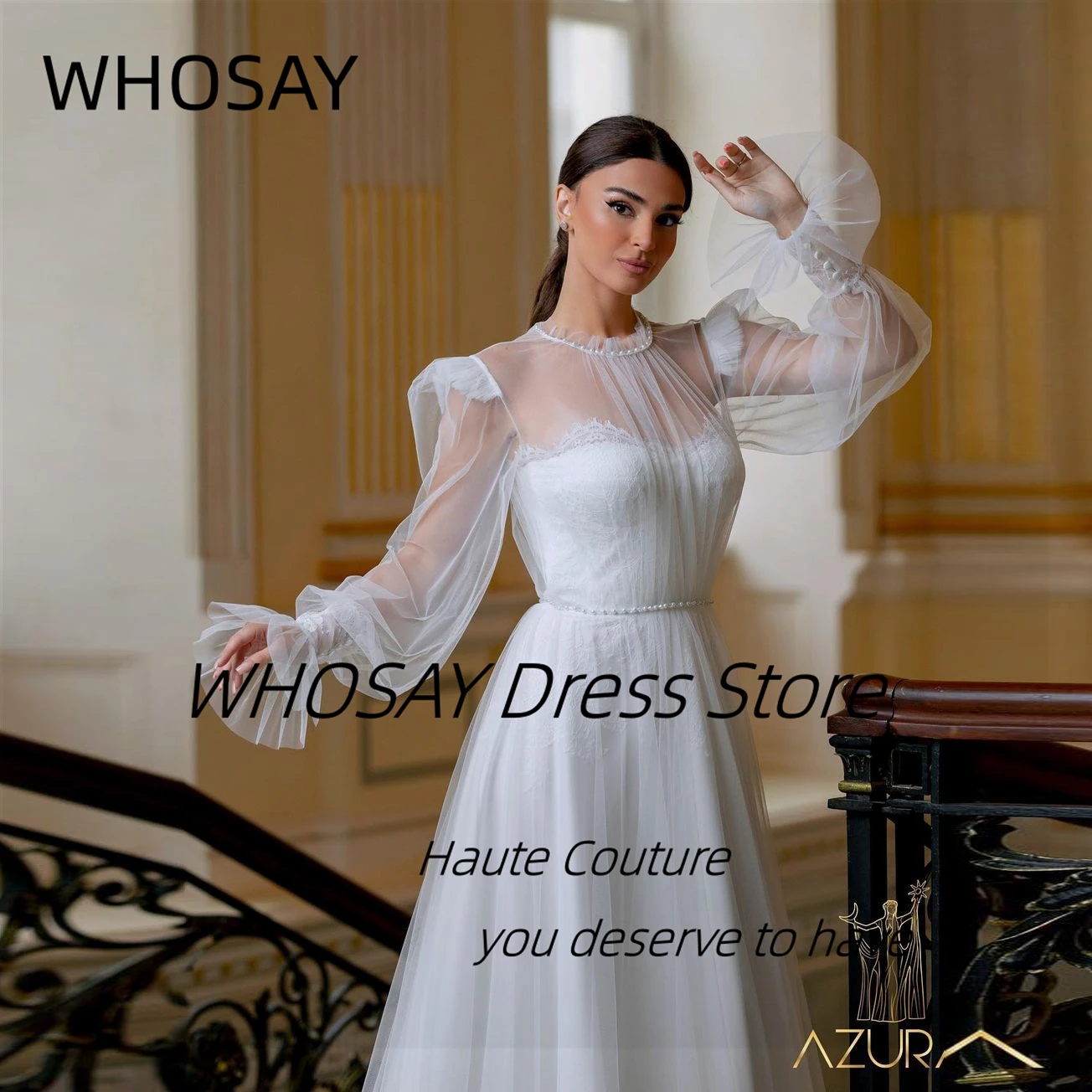 WHOSAY Soft Tulle A Line Wedding Dresses Sheer Long Sleeves Vestidos De Novia Beading Sash Abiti Da Sposa