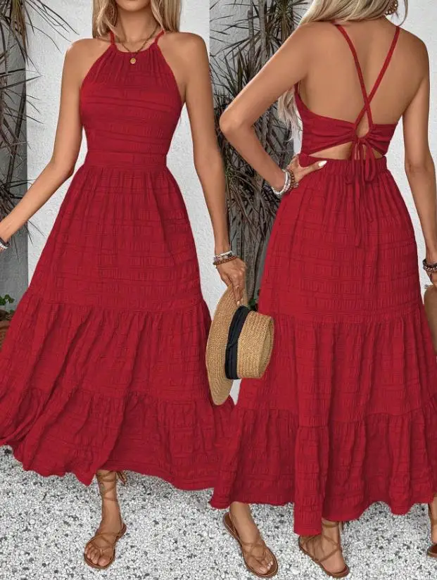

2026 Spring/Summer New Women's Fashion Retro Red Hanging Collar Dress High Waist backless Long Dress Women's Wear