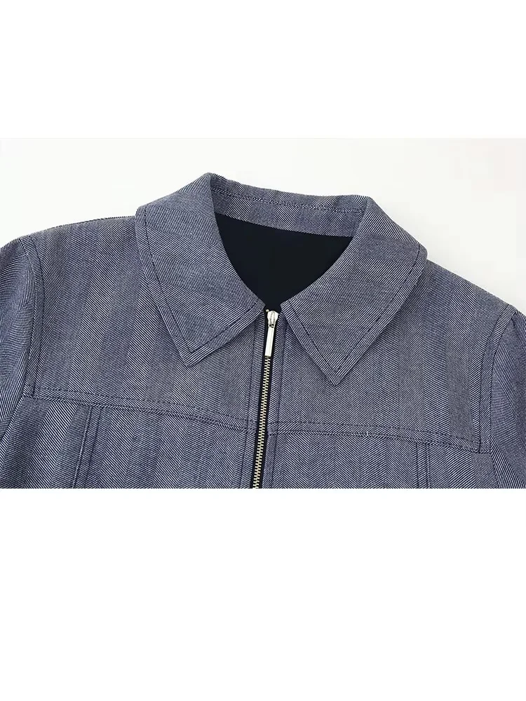 HH 가을 여성 시크 지퍼 라펠 긴 소매 숏 재킷+하이 웨이스트 사이드 포켓 캐주얼 루즈 솔리드 바지 2피스 세트