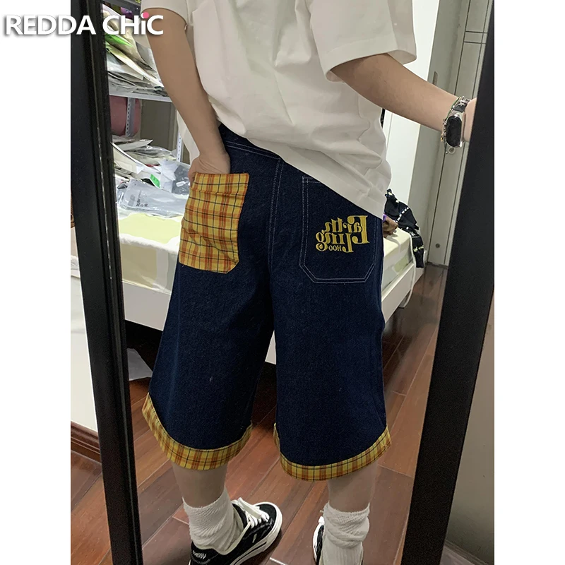 

ReddaChic Tartan Retro Patchwork Women Jean Shorts Korea Checker Hem Low Rise Wide Leg Bermuda Pants Summer Jorts Streetwear