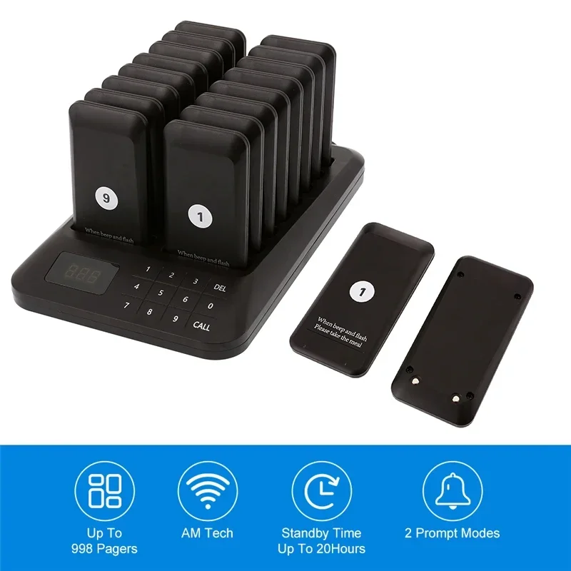 Wireless Calling System Buzzer Restaurant Bar 16 Pager Receiver 1 Keypad Transmitter Guest Paging Cafe Coaster