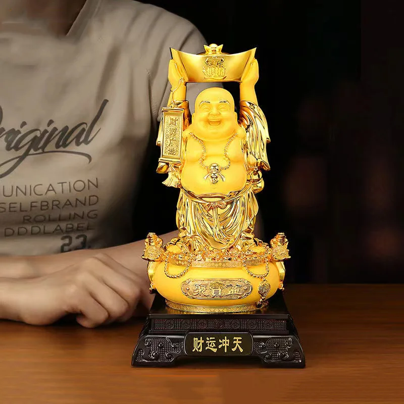 

Resin Buddhism Maitreya Buddha Yuanbao God of Wealth Statue Luxury Home Room Office Decor Feng Features Shui Figure Statue