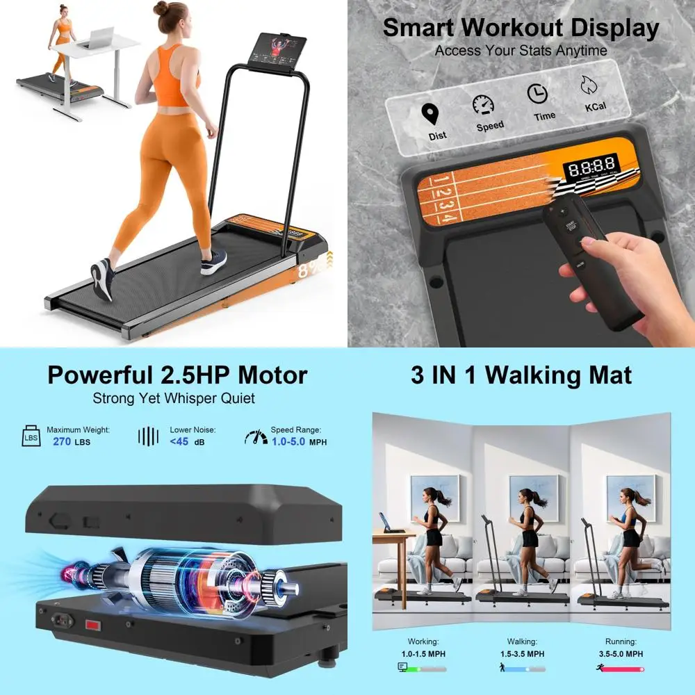 جهاز مشي مع مائل - جهاز مشي منخفض الضوضاء بقوة 2.5 حصان تحت المكتب، وسادة مشي محمولة مع شريط مقبض، 3 في 1 للمنزل،