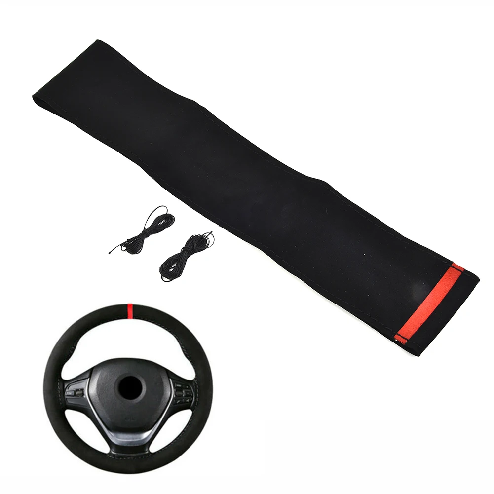 38cm Steering Wheel Cover Black Black and Red Car Anti-Slip Elements Protector Replacement Sport Suede Brand New