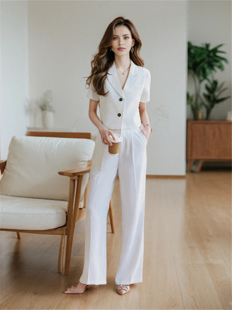 Women\'s Summer Thin Style White Short Sleeve Top Crop Coat Loose Casual Suit Jacket and Wide Leg Pants 2 Pieces Pantssuit Sets