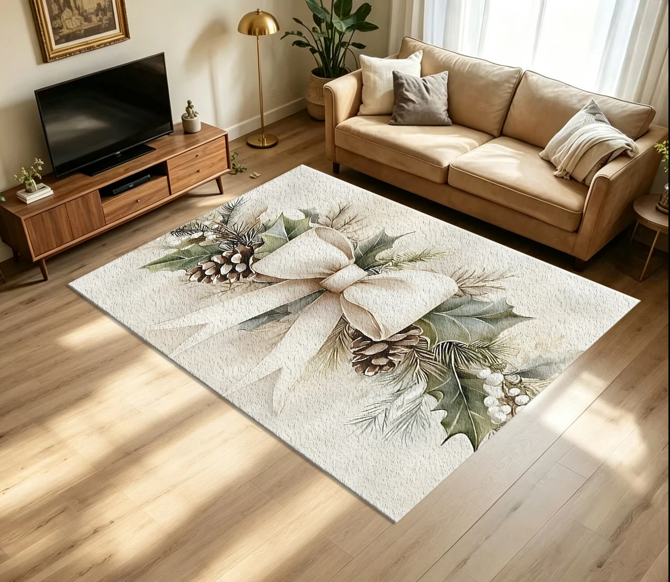 Neutral Watercolor Style Christmas Bowknot Pinecone Holly Carpet, Non-Slip Washable Floor Rug Suitable for Holiday Bedroom Home Decoration