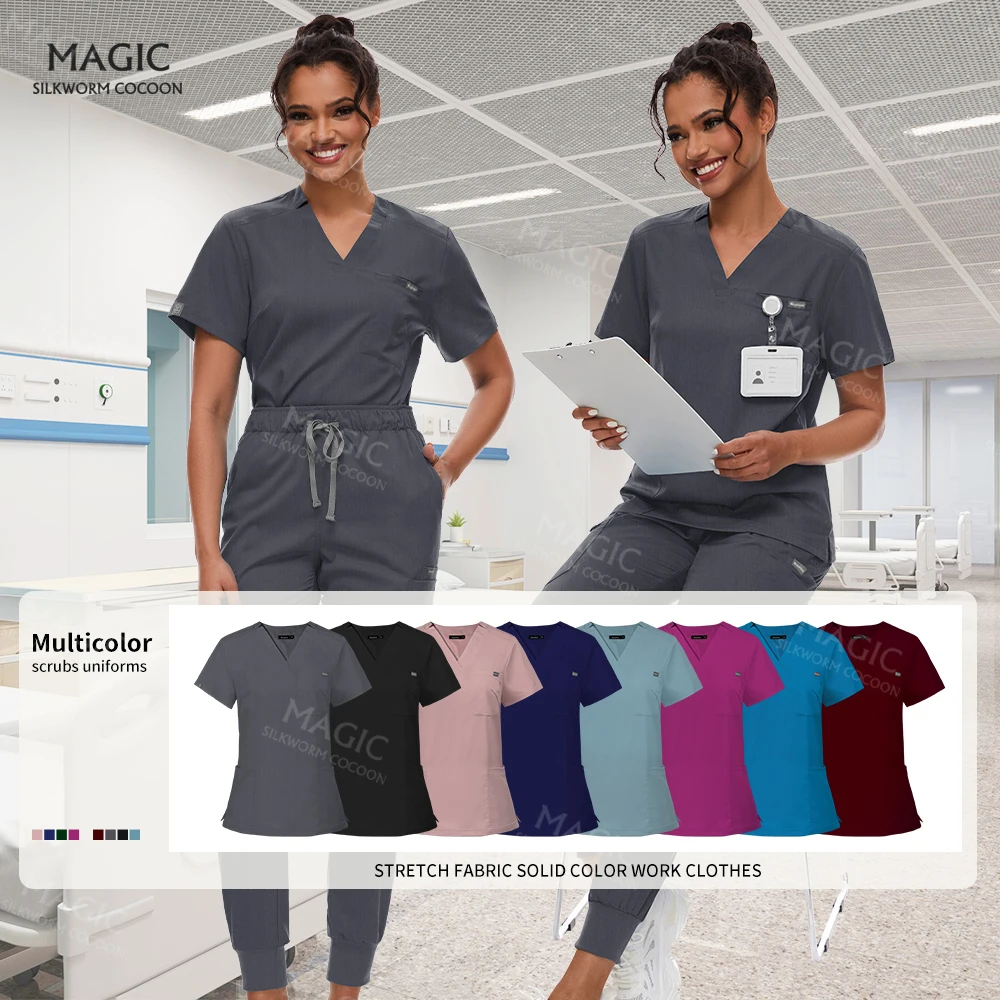 

Nurse Uniform Women Men Dental Hospital Scrubs Suit Beauty Salon Work Clothing Elasticity Spandex Scrubs Medical Uniforms Women