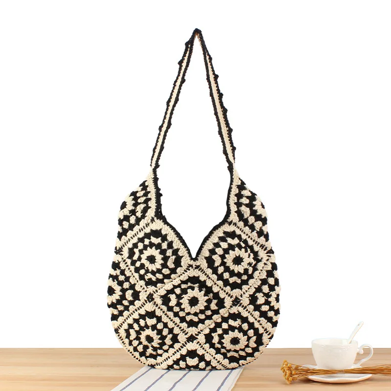 

Bohemian Granny Square Crochet Women Shoulder Bags Knitting Large Capacity Shopper Purse Casual Handmade Weave Summer Beach Bag
