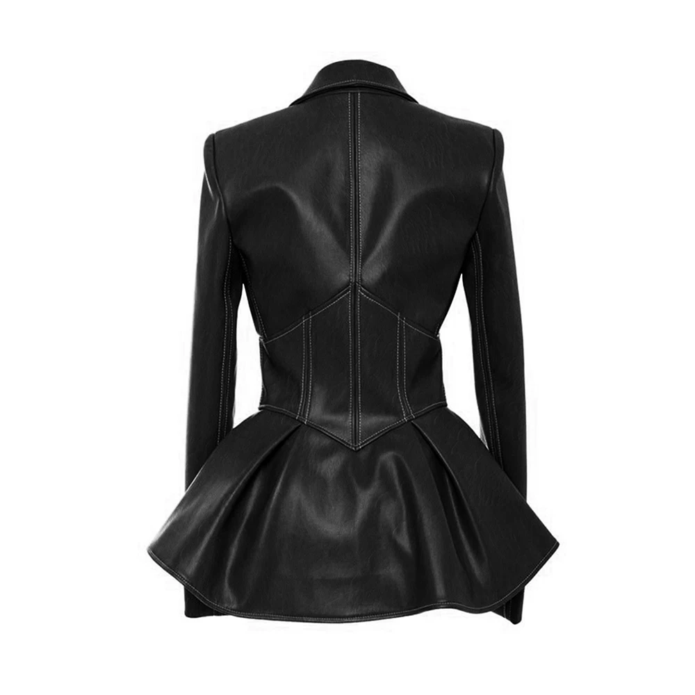 Dámská motorkářská bunda z umělé kůže, pevná, na zip, klopa, slim fit, s dlouhým rukávem, módní pu kožené svrchní oblečení, dámské bundy pro ženy - náhled 2