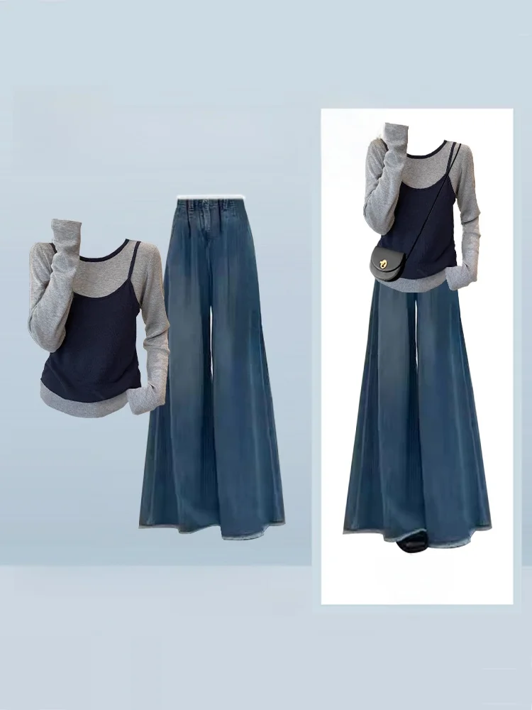 

Женский модный комплект из джинсов с широкими штанинами и высокой талией для осени и зимы, повседневный комплект из двух предметов