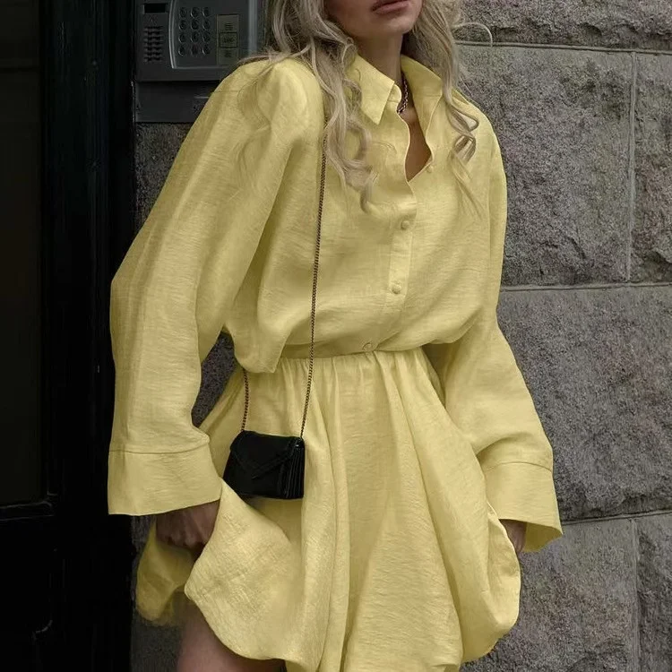 

Модный повседневный свободный комплект из юбки с высокой талией, пышная юбка, костюм из двух предметов, длинный воротник свека, женский комплект на пуговицах...