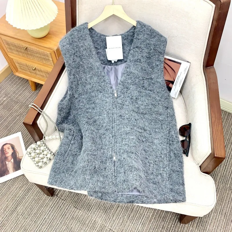Peruvian Alpaca Wool V-Ne Open Cardigan Sle Simple Silhouette Trendy Pull Zipper Women's Vest Outerwear Commute Sle